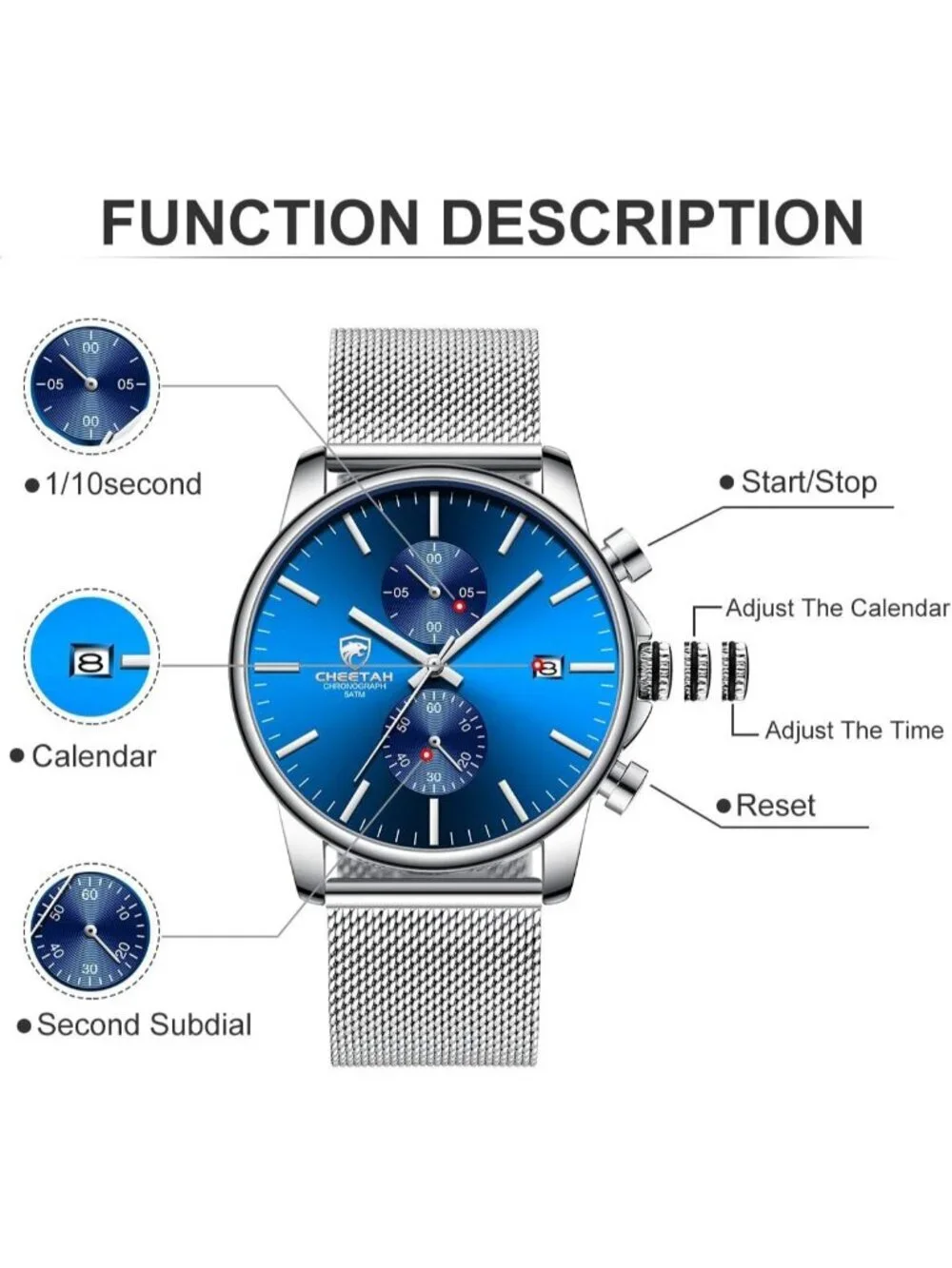 Men's Silver Blue Quartz Analog Mesh Strap Stainless Steel Chronograph Watch